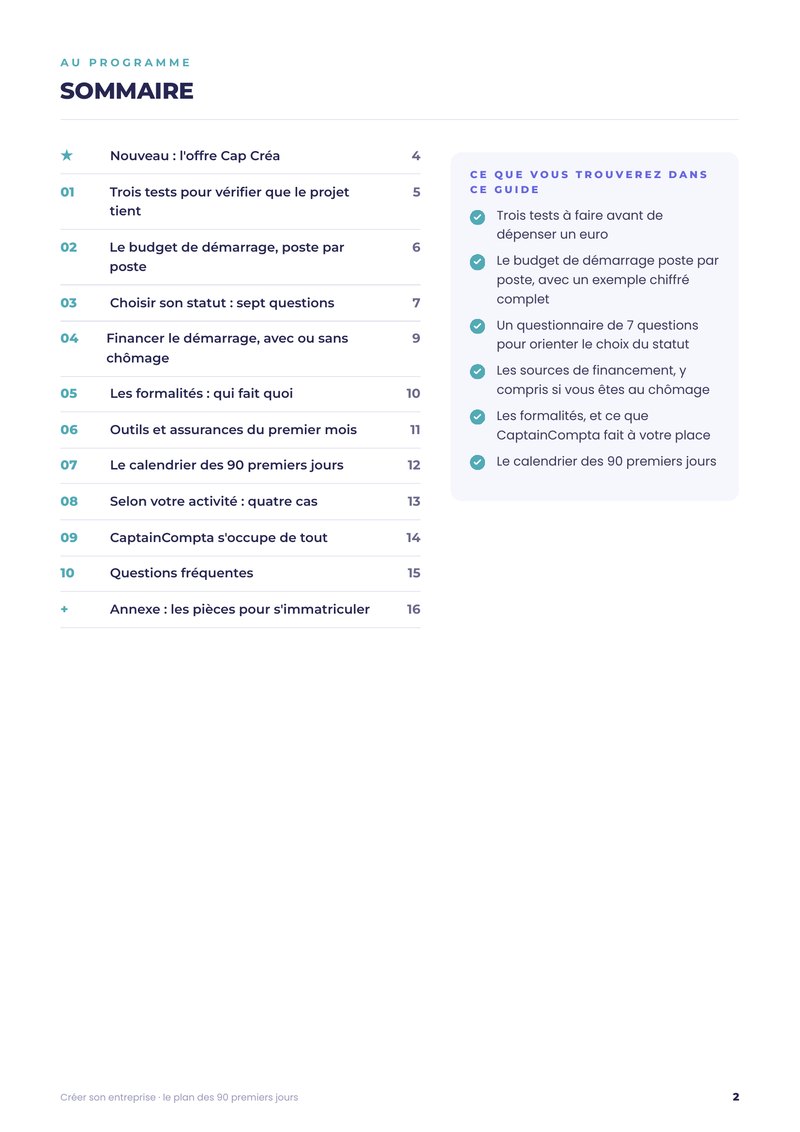 Sommaire du guide création d’entreprise